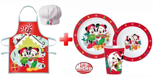 Disney Minnie  and Mickey  Christmas Apron and Plastic Dinnerware Set