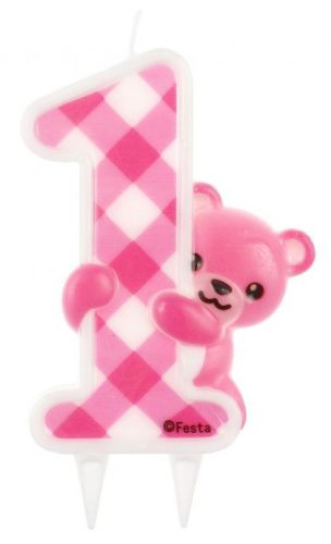 Number Pink Teddy First Birthday Glitter Candle