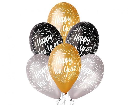 Happy New Year Happy New Year Gold Silver Black balloon, 6 pcs 12 inch (30 cm)