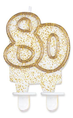 Colour Gold Gold glitter 80th birthday candle, numeral candle