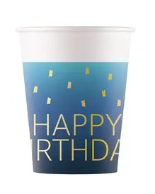 Happy Birthday Golden Blue Happy Birthday paper cup, 8 pcs, 200 ml, FSC