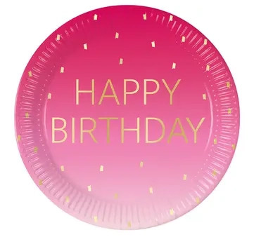 Happy Birthday Golden Pink Happy Birthday Paper Plate 8 pcs 23 cm FSC