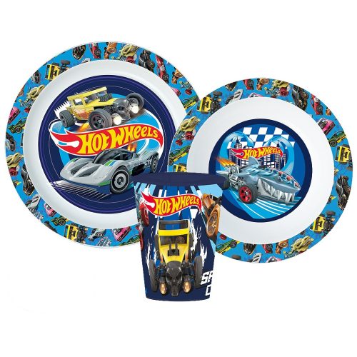 Hot Wheels Blue Fire dinner set, micro plastic set, with glass 260 ml